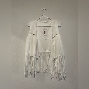Fringed Sleeveless Vest Jacket - White